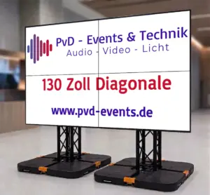 Professionelle 130 Zoll TV-Wand von PvD - Events & Technik, bestehend aus vier 65 Zoll Displays auf einem stabilen schwarzen Traversen-System mit Riggetec-Bodenplatten in einer modernen Event-Location.