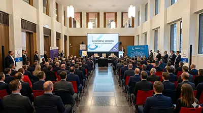 Vollbesetzte Business-Konferenz in Bremen mit professioneller Medientechnik von PvD - Events & Technik. Große Leinwand mit Firmenlogo und Sprecherin am Rednerpult in einer modernen Event-Halle.