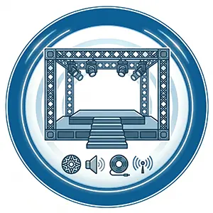 Professionelles 1:1 Sinnbild für Bühnenbau auf weißem Hintergrund: Darstellung eines Traversensystems mit Scheinwerfern über einem Bühnenpodest mit Treppenaufgang, eingefasst in ein blaues Emblem mit Symbolen für Licht und Ton.
