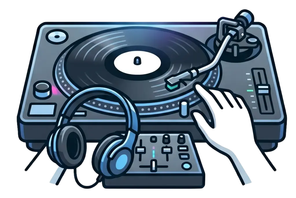 Detailliertes 1:1 Sinnbild für Discjockeys auf weißem Hintergrund: Ein moderner Plattenspieler (Turntable) mit aufgelegter Vinyl, DJ-Kopfhörern, einem kompakten Mischpult und einer stilisierten Audio-Wellenform im Hintergrund.