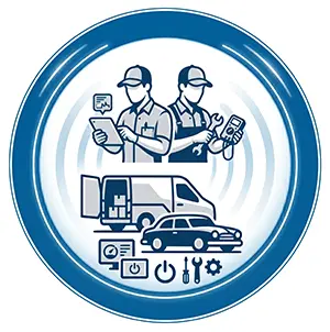 Professionelles 1:1 Sinnbild für Event-Service und Logistik auf weißem Hintergrund: Zwei Techniker mit Tablet und Werkzeug, ergänzt durch Transportfahrzeuge (Transporter und PKW) sowie technische Service-Symbole in einem modernen blauen Emblem-Design.