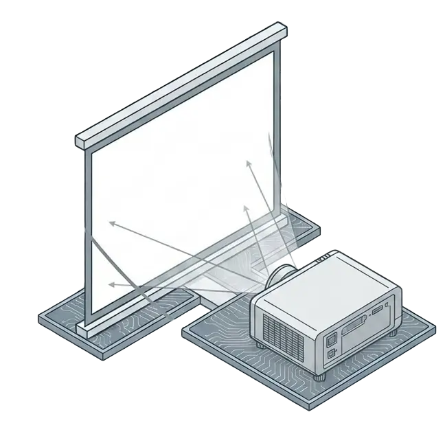 Isometrisches technisches Liniendiagramm einer Aufprojektions-Anordnung auf hellgrauem Hintergrund. Die Illustration zeigt einen Beamer, der vor einer Leinwand positioniert ist, ergänzt durch Detail-Panels für Optik, Steuerung und Anschlusstechnik.
