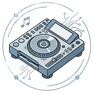 Abstraktes Sinnbild eines professionellen DJ-Media-Players im Pioneer-Stil auf hellgrauem Hintergrund: Minimalistische Darstellung von Jogwheel, Display und Bedienelementen in technischem Design ohne Beschriftungen.