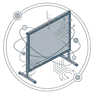 Abstraktes Sinnbild einer professionellen Projektionsleinwand auf hellgrauem Hintergrund: Minimalistische, technische Darstellung einer Rahmenleinwand auf Standfüßen, umgeben von isometrischen Grafik-Elementen und Datenlinien.