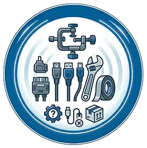 Stilisiertes 1:1 Sinnbild für Event-Zubehör und Kleinteile auf weißem Hintergrund: Verschiedene Adapter, HDMI- und USB-Kabel, Klebeband, Werkzeug und Befestigungsmaterial in einem kreisförmigen blauen Emblem-Design.