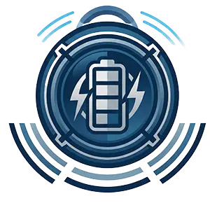 Abstraktes, modernes Sinnbild für kabellose Akku-Lautsprecher zur Miete bei PvD - Events & Technik: Ein minimalistisches Lautsprecher-Icon kombiniert mit einem Energie-Symbol in Profi-Blau und Silber auf hellem Grund.