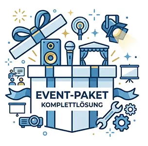 Professionelle Illustration eines Event-Pakets von PvD - Events & Technik mit Symbolen für Beschallung, Beleuchtung und Videotechnik auf weißem Hintergrund.