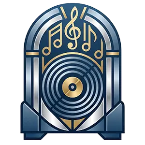 Abstraktes und modernes Sinnbild für eine Jukebox zur Miete bei PvD - Events & Technik: Ein minimalistisches, geometrisches Design mit einer stilisierten Schallplatte und Musiknoten in Tiefblau, Silber und Gold auf hellem Grund.