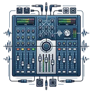 Detailliertes, abstraktes Sinnbild für professionelle Mischpulte von PvD - Events & Technik: Eine stilisierte Bedienoberfläche mit Fadern, Drehreglern, Pegelanzeigen und verschiedenen Audio-Anschlüssen in professionellem Blau und Silber auf hellgrauem Hintergrund (#f5f6f8).