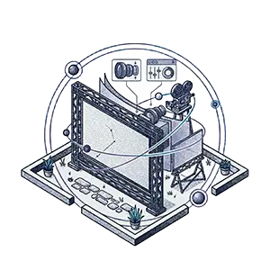 Minimalistisches technisches Sinnbild einer professionellen Outdoor-Leinwand von PvD - Events & Technik. Die Illustration im isometrischen Stil zeigt eine Großbildleinwand in einer Traversenkonstruktion, ergänzt durch Projektionstechnik und Garten-Elemente, gestaltet in einer blau-grauen Farbpalette mit Punkt-Schattierungen.