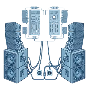 Technische Illustration einer professionellen PA-Anlage von PvD - Events & Technik: Zwei symmetrische Ground-Stacks bestehend aus leistungsstarken Subwoofern und Line-Array-Modulen mit detaillierter Verkabelung in Blau- und Silbertönen auf hellblauem Grund.