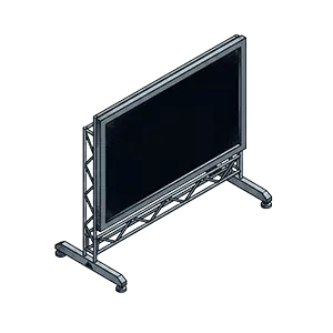 Minimalistische isometrische Illustration einer professionellen schwarzen Blackpeak-Projektionsleinwand von PvD - Events & Technik. Die Darstellung zeigt eine tiefschwarze Leinwandfläche in einem stabilen Traversensystem auf Standfüßen, gestaltet in einem technisch-modernen Blau-Grau-Stil mit Stippling-Schattierungen.