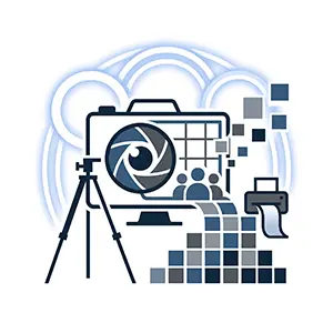 Abstraktes 1:1 Sinnbild für moderne Fotolösungen auf weißem Hintergrund: Eine stilisierte Kamera-Linse auf einem Monitor, kombiniert mit einem Stativ, einem Fotodrucker und digitalen Pixelelementen, die den Workflow von Aufnahme bis Druck darstellen.