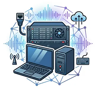 Modernes 1:1 Sinnbild für IT- und Netzwerktechnik auf weißem Hintergrund: Darstellung eines Serverschranks, Laptops und Desktop-PCs, ergänzt durch Symbole für Cloud-Computing, WLAN-Signale und Netzwerkverkabelung.
