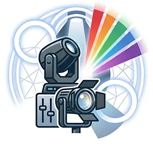 Modernes 1:1 Sinnbild für Event-Lichttechnik auf weißem Hintergrund: Darstellung eines Moving-Heads und eines Floorspots mit bunten Lichtstrahlen im Regenbogen-Spektrum, ergänzt durch ein stilisiertes Lichtmischpult.
