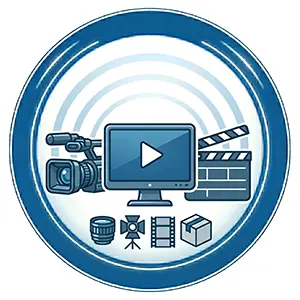 Professionelles 1:1 Sinnbild für Videoproduktion auf weißem Hintergrund: Zentrale Darstellung eines Monitors mit Play-Button, flankiert von einer Videokamera und einer Filmklappe, ergänzt durch Symbole für Objektive und Beleuchtung in einem blauen Emblem-Design.