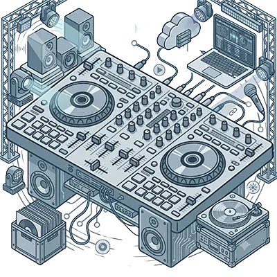 Professionelles DJ-Technik Komplettset von PvD - Events & Technik mit zwei Pioneer DJ XDJ-Playern und einem Mischpult auf einem beleuchteten DJ-Pult, umrahmt von moderner Lichttechnik mit Moving Heads auf Traversensäulen und Scheinwerfern vor einer stylischen Event-Hintergrundbeleuchtung.