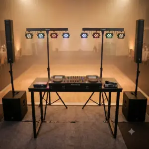 Professionelles DJ-Technik Komplettset Paket 2 für Vereinsfeste im quadratischen Sinnbild-Stil. Ein Pioneer DJ-Mischpult flankiert von zwei XDJ-Playern auf einem Flightcase, umgeben von zwei PA-Lautsprechern auf Stativen und einer 4er LED-Lichtbar für die Tanzflächenbeleuchtung.