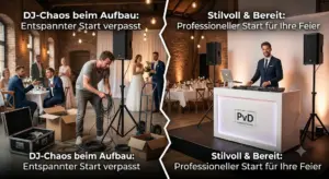 Ein geteiltes Vergleichsbild für Hochzeiten in OWL: Auf der linken Seite herrscht unruhiges DJ-Chaos beim Aufbau während des Essens vor genervten Gästen. Auf der rechten Seite steht das professionelle, sauber verkabelte DJ-Setup von PvD - Events & Technik fertig aufgebaut und startbereit in einer edel ausgeleuchteten Location, noch bevor die Gäste eintreffen.