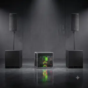 Das einsatzbereite Premium PA-System Gala & Club 300, bestehend aus zwei schlanken Seeburg Acoustic Line A3 Topteilen auf Distanzstangen über zwei kraftvollen K.M.E. Subwoofern, professionell aufgebaut in einer modernen Event-Location in OWL.