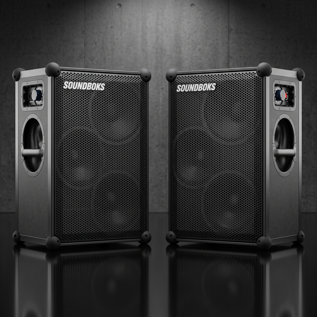 Zwei kabellose SOUNDBOKS 4 Akku-Bluetooth-Lautsprecher im Stereo-Set nebeneinander platziert, mit schwarzem IP65-Gehäuse, Frontgitter und Lautstärkeregler vor edlem Studiolook-Hintergrund.