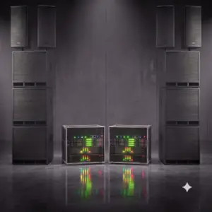 Leistungsstarkes PA-Großsystem 'Gala & Club 1100' von PvD - Events & Technik: Vier Seeburg Acoustic Line A3 Topteile kombiniert mit sechs K.M.E. B&C Subwoofern und System-Amprack vor edlem Studiolook-Hintergrund.