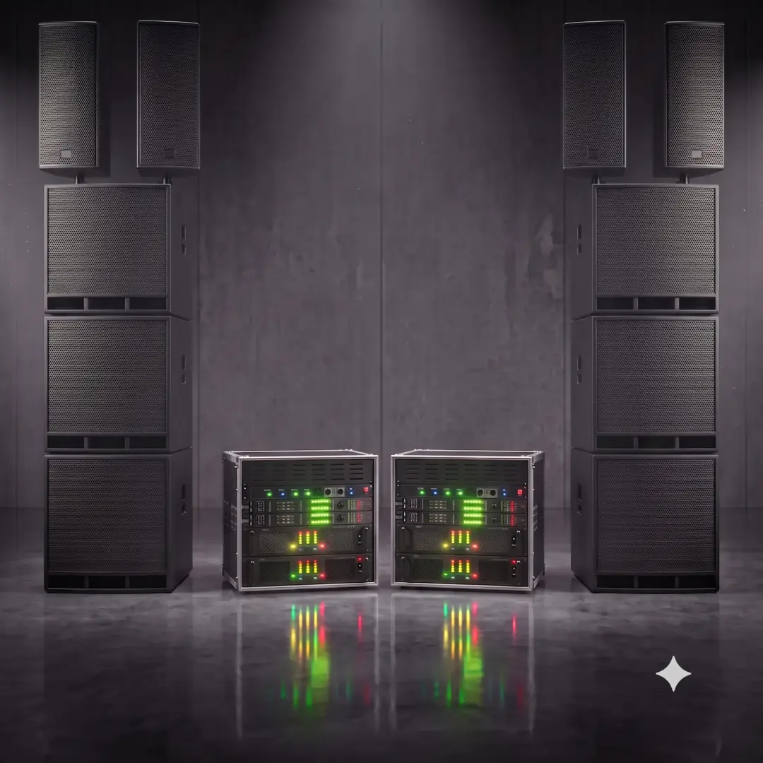 Leistungsstarkes PA-Großsystem 'Gala & Club 1100' von PvD - Events & Technik: Vier Seeburg Acoustic Line A3 Topteile kombiniert mit sechs K.M.E. B&C Subwoofern und System-Amprack vor edlem Studiolook-Hintergrund.