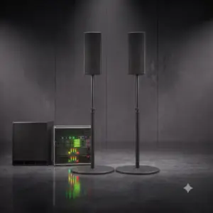 Kompaktes Premium PA-System 'Gala & Club 130' von PvD - Events & Technik: Zwei Seeburg Acoustic Line A3 Topteile auf eleganten Tellerstativen sowie ein K.M.E. Subwoofer mit aufliegendem Amprack vor einem dunklen Studio-Hintergrund.