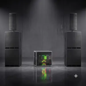 Leistungsstarkes PA-Großsystem 'Gala & Club 500' von PvD - Events & Technik: Zwei Seeburg Acoustic Line A3 Topteile kombiniert mit vier K.M.E. B&C Subwoofern und System-Amprack vor edlem Studiolook-Hintergrund.