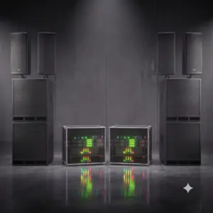 Leistungsstarkes PA-Großsystem 'Gala & Club 800' von PvD - Events & Technik: Vier Seeburg Acoustic Line A3 Topteile kombiniert mit vier K.M.E. B&C Subwoofern und System-Amprack vor edlem Studiolook-Hintergrund.