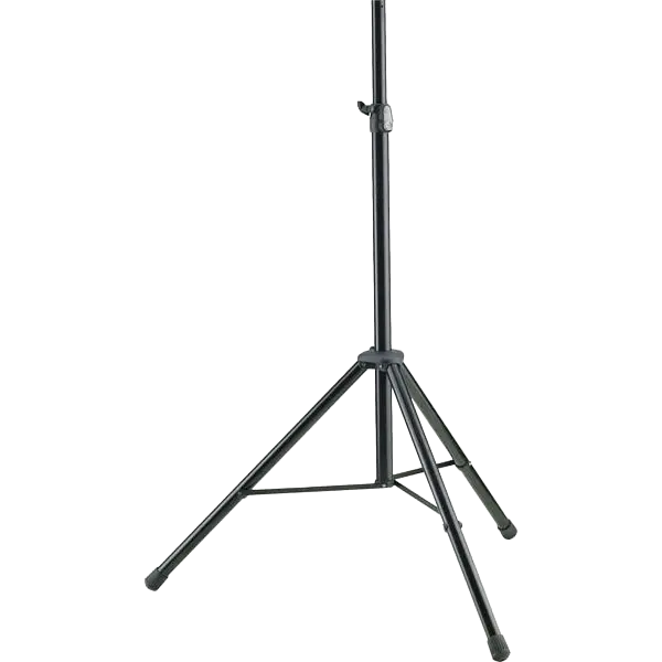 Professionelles Schwerlast-Boxenstativ aus schwarzem Stahl mit dreibeinigem Standfuß, Höhenverstellung und 35-mm-Normflansch zur sicheren Montage von Lautsprechern vor neutralem Studiolook-Hintergrund.