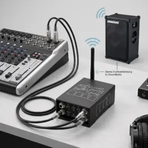Dillinger Labs Dani SKAA Pro Transmitter vor einem Mischpult platziert, per Klinkenkabel an den Master-Ausgang angeschlossen und sendet Audiosignale kabellos an eine SOUNDBOKS 4.
