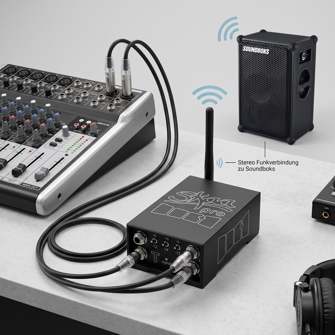 Dillinger Labs Dani SKAA Pro Transmitter vor einem Mischpult platziert, per Klinkenkabel an den Master-Ausgang angeschlossen und sendet Audiosignale kabellos an eine SOUNDBOKS 4.