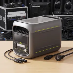 FOSSIBOT F1800 tragbare LiFePO4 Powerstation (1800W / 1024Wh) im professionellen Event-Setup zur autarken Stromversorgung von Mischpult, SOUNDBOKS 4 Lautsprecher, LED-Beleuchtung und Laptops.