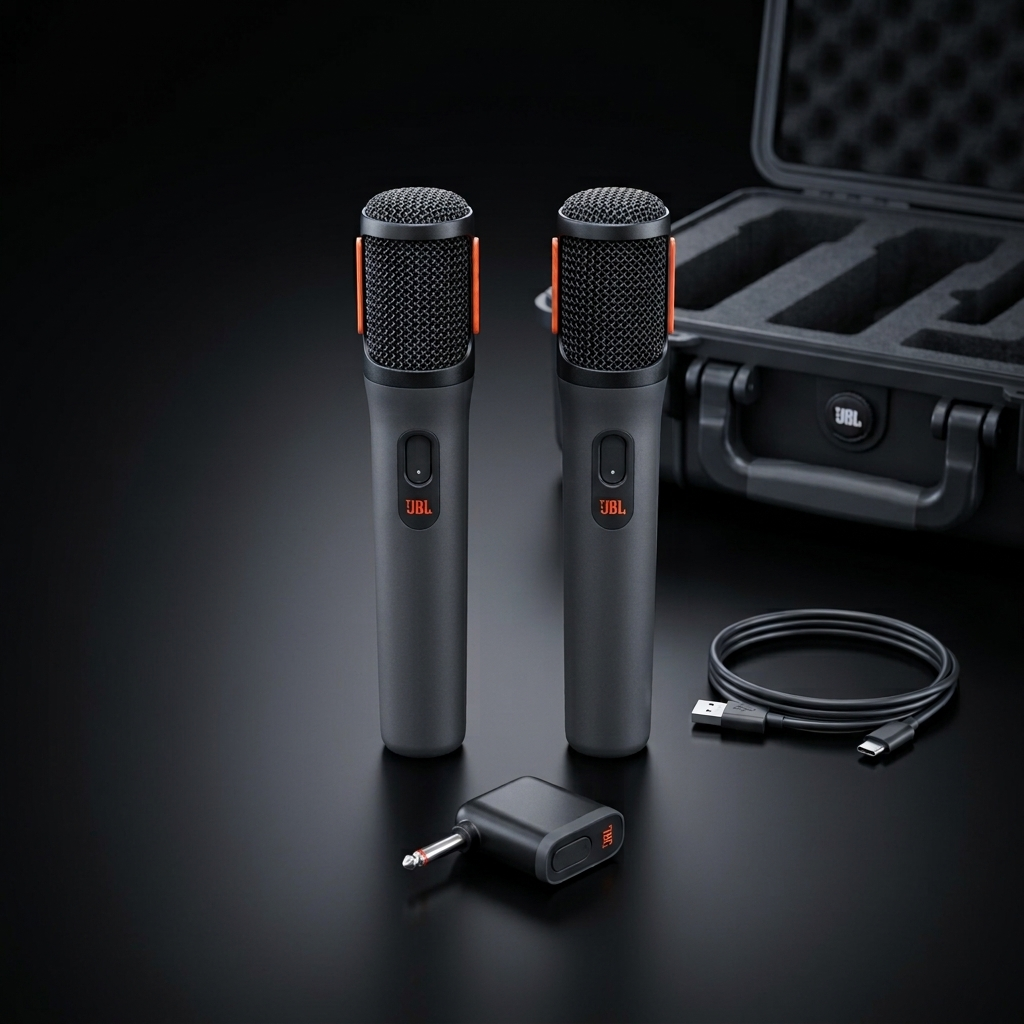 Ein JBL Wireless Microphone Set, bestehend aus zwei kabellosen Handmikrofonen und einem passenden Funkempfänger, platziert auf einem dunklen, strukturierten Untergrund vor einem Studio-Hintergrund mit JBL Branding.