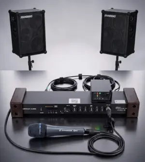 SOUNDBOKS Pro Wireless Duo Setup mit zwei SOUNDBOKS Lautsprechern auf Stativen, American Audio Zonenmixer mit SKAA Pro Funk und Sennheiser e855 Mikrofon.