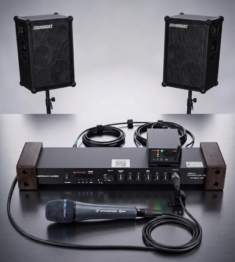 SOUNDBOKS Pro Wireless Duo Setup mit zwei SOUNDBOKS Lautsprechern auf Stativen, American Audio Zonenmixer mit SKAA Pro Funk und Sennheiser e855 Mikrofon.