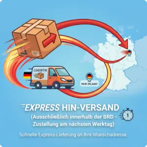 Illustration für DHL Express Hin-Versand von PvD Events & Technik: Ein Paket mit Feuerschweif, ein Transporter und Deutschlandkarte mit Express-Markierung zur Symbolisierung der Zustellung am nächsten Werktag.