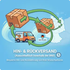 Infografik für den Hin- und Rückversand von Personenführungsanlagen: Ein Paket mit zwei roten Pfeilen im Kreislauf über Deutschland, ein Transportfahrzeug und ein DHL-Retourenschein symbolisieren den vollständigen Versandprozess von PvD Events & Technik.