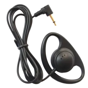 Schwarzer Ein-Ohr On-Ear Clip-Kopfhörer mit vergoldetem, gewinkeltem 3,5 mm Klinkenstecker und schwarzem Kabel auf dunklem Hintergrund.