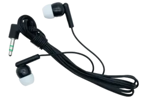 Schwarz-weiße In-Ear Einwegkopfhörer mit gewinkeltem 3,5 mm Klinkenstecker für Personenführungsanlagen und Tour Guide Systeme.