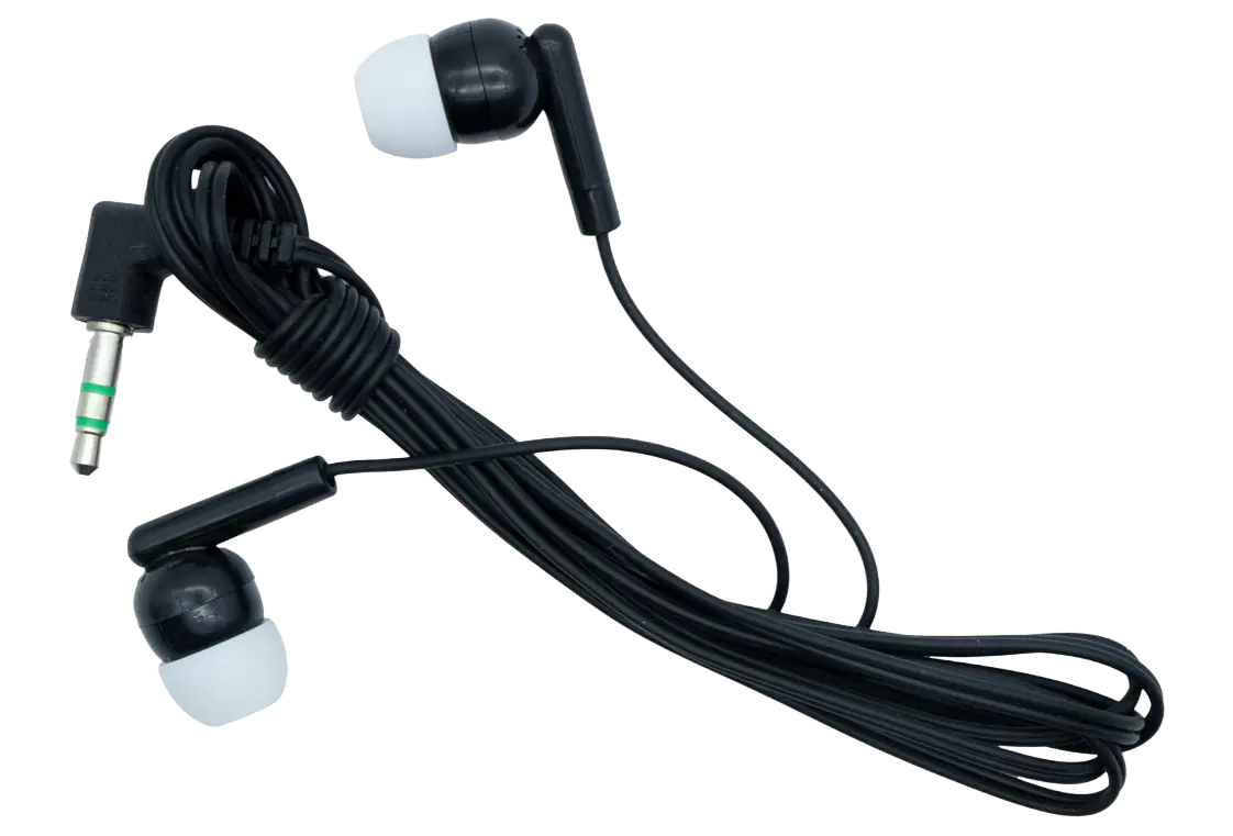 Schwarz-weiße In-Ear Einwegkopfhörer mit gewinkeltem 3,5 mm Klinkenstecker für Personenführungsanlagen und Tour Guide Systeme.