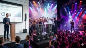 Professioneller Aufbau einer PA-Musikanlage und Tontechnik von PvD - Events & Technik für eine Veranstaltung in Lübbecke, inklusive Lautsprechern, Stativen, Mischpult und digitaler Funkstrecke.