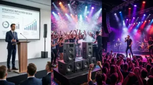 Professioneller Aufbau einer PA-Musikanlage und moderner Tontechnik von PvD - Events & Technik für eine Veranstaltung in Petershagen mit PA-Lautsprechern, Funkmikrofonen und digitaler Audiomischung.