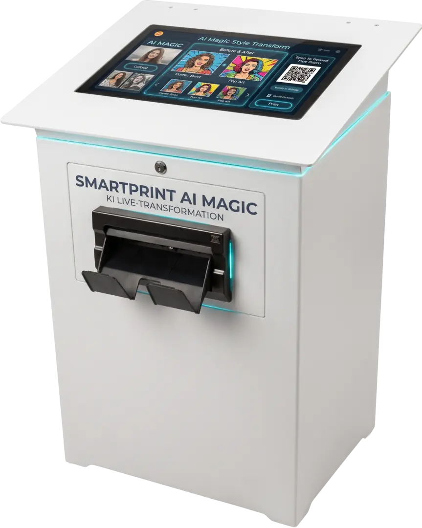 SmartPrint AI Magic Fotostation von PvD - Events & Technik in weißem Terminal-Gehäuse mit Touchscreen für KI-Live-Stil-Transformationen, QR-Code-Upload und Front-Druckausgabe als Studiofoto auf weißem Hintergrund.
